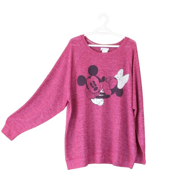 Disney Sweaters - Mickey Mouse Light Knit Sweater XL Red Burgundy Long Sleeve Minnie Kissing CA217